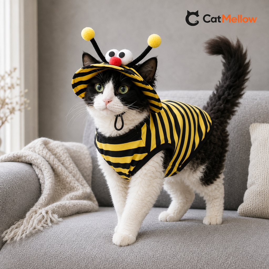 Black-and-white curly-haired cat walking on a gray sofa in the yellow-and-black bee costume set