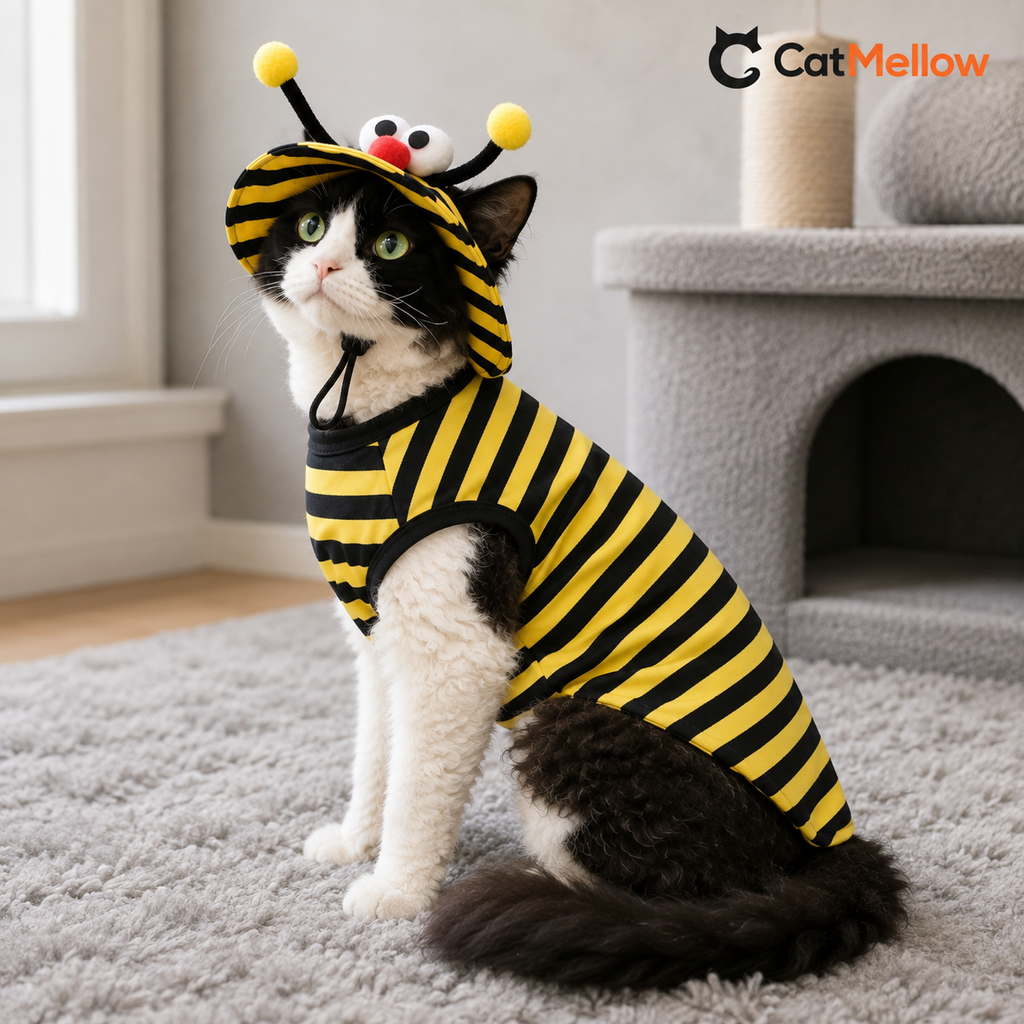 Black-and-white curly-haired cat seated on a gray rug wearing the bee costume set