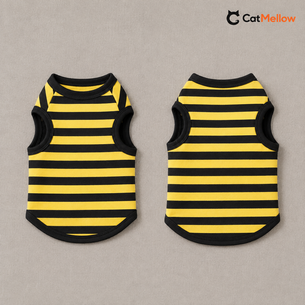 Front and back views of the yellow-and-black striped sleeveless cat top