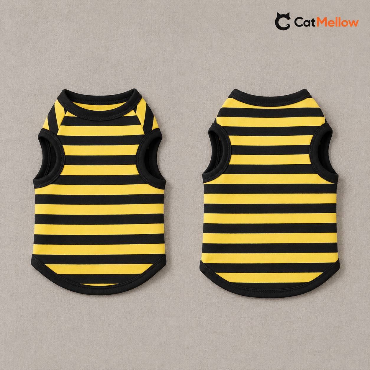 Front and back views of the yellow-and-black striped sleeveless cat top