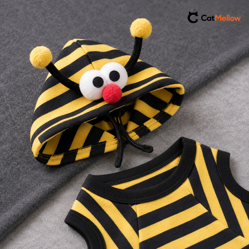 Close-up of the bee hood antennae, pom-poms, eyes and striped cat top binding