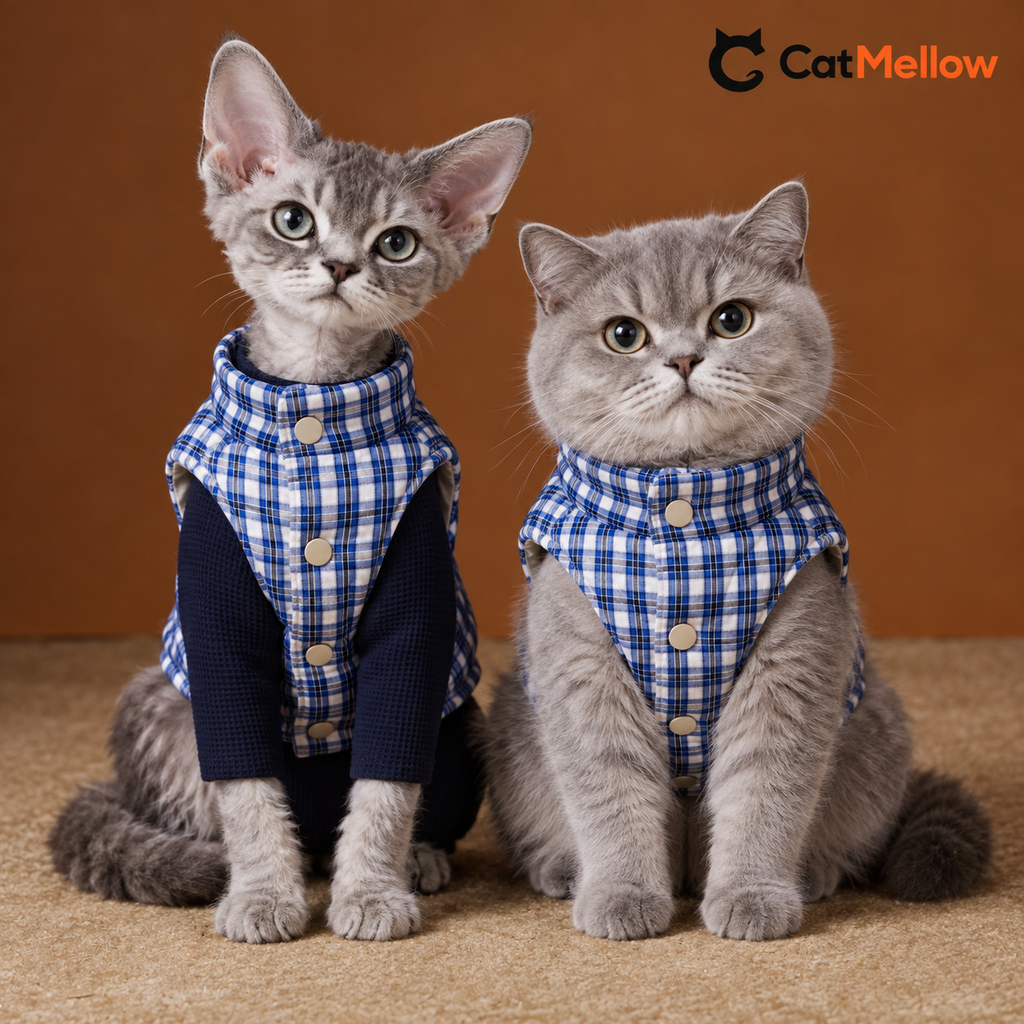 Blue plaid quilted cat vest on a Devon Rex and British Shorthair