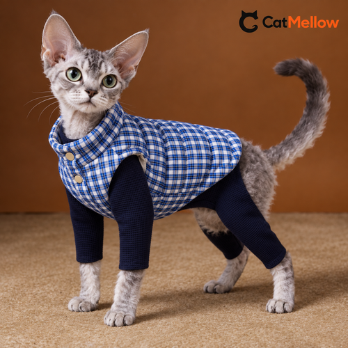Devon Rex wearing the blue plaid quilted cat vest over a navy base layer