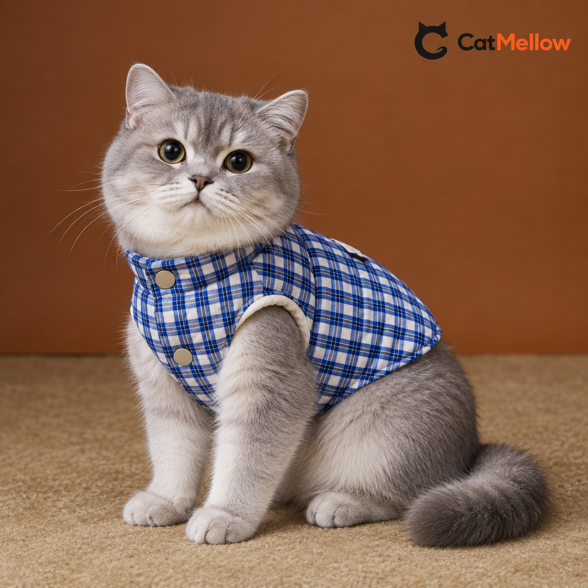 British Shorthair wearing the blue plaid quilted cat vest