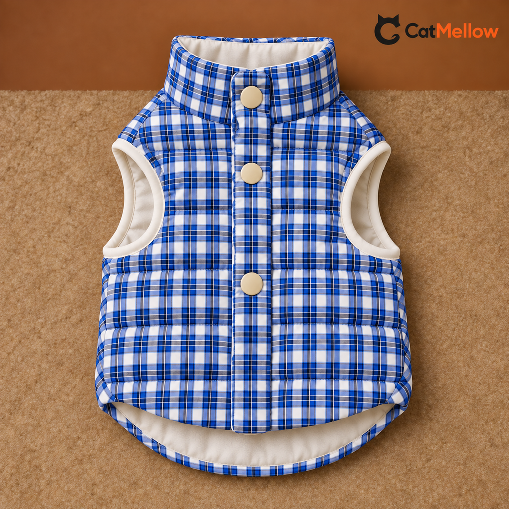 Complete blue plaid quilted cat vest front view
