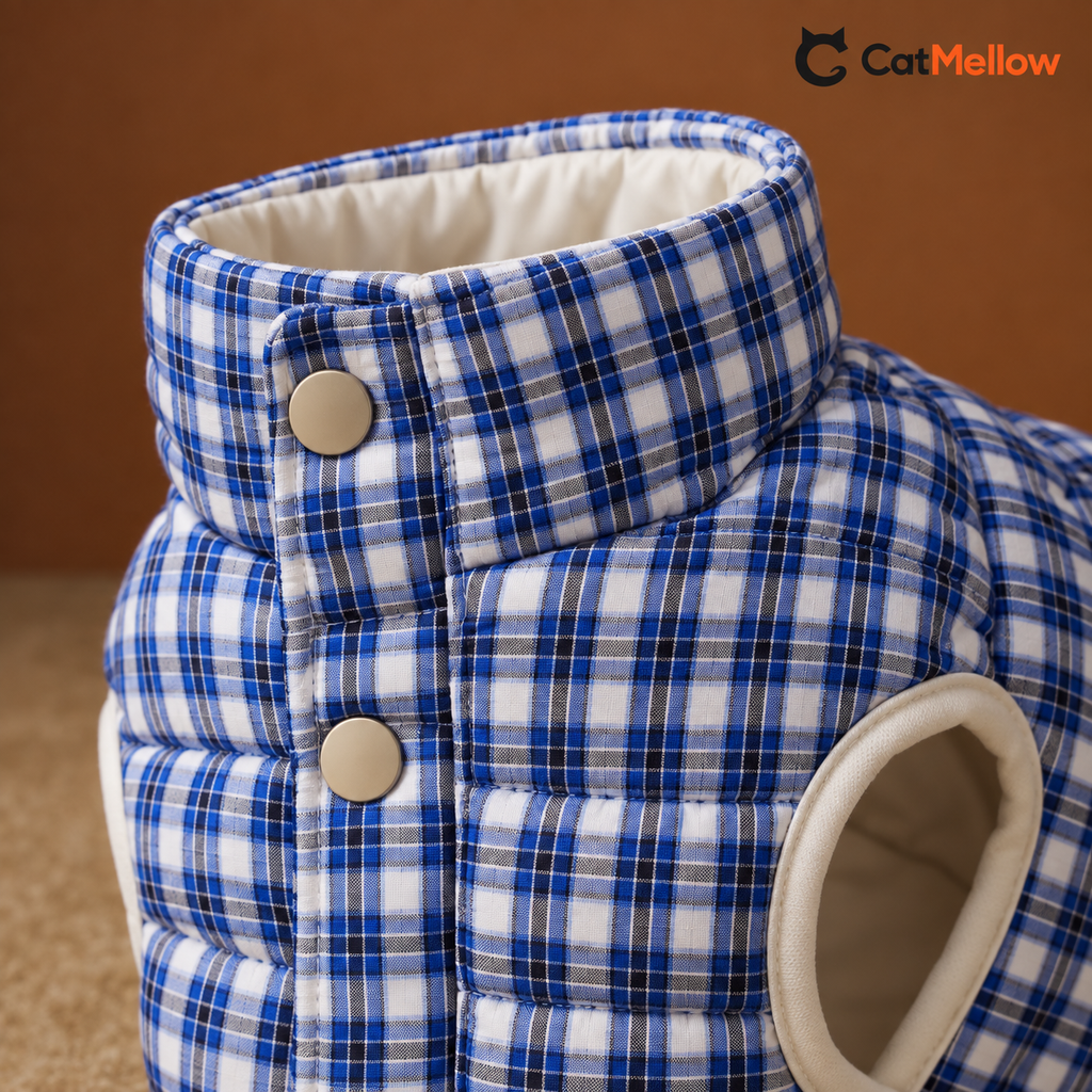 Blue plaid quilted cat vest collar and snap closure detail