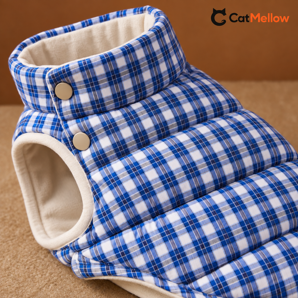 Blue plaid quilted cat vest quilting and cream lining detail