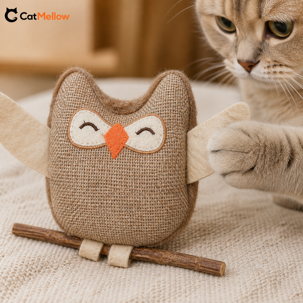 Close view of the brown owl cat toy