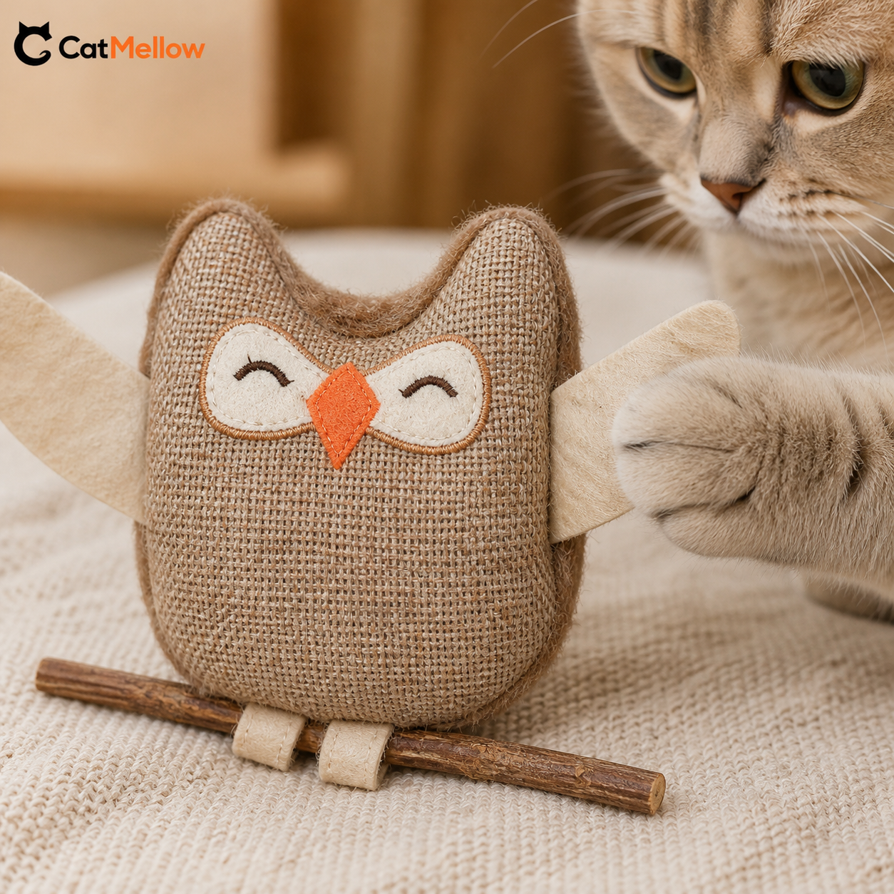 Close view of the brown owl cat toy
