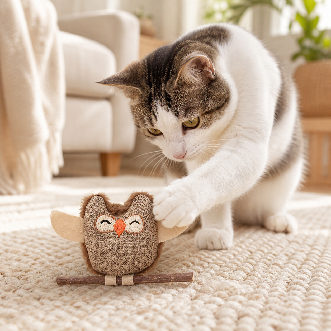 Cat pawing the brown owl toy during floor play