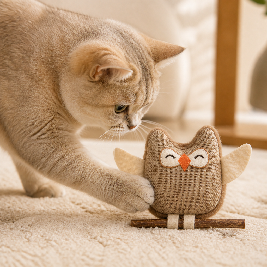 Cat nudging the brown owl toy from a low side angle