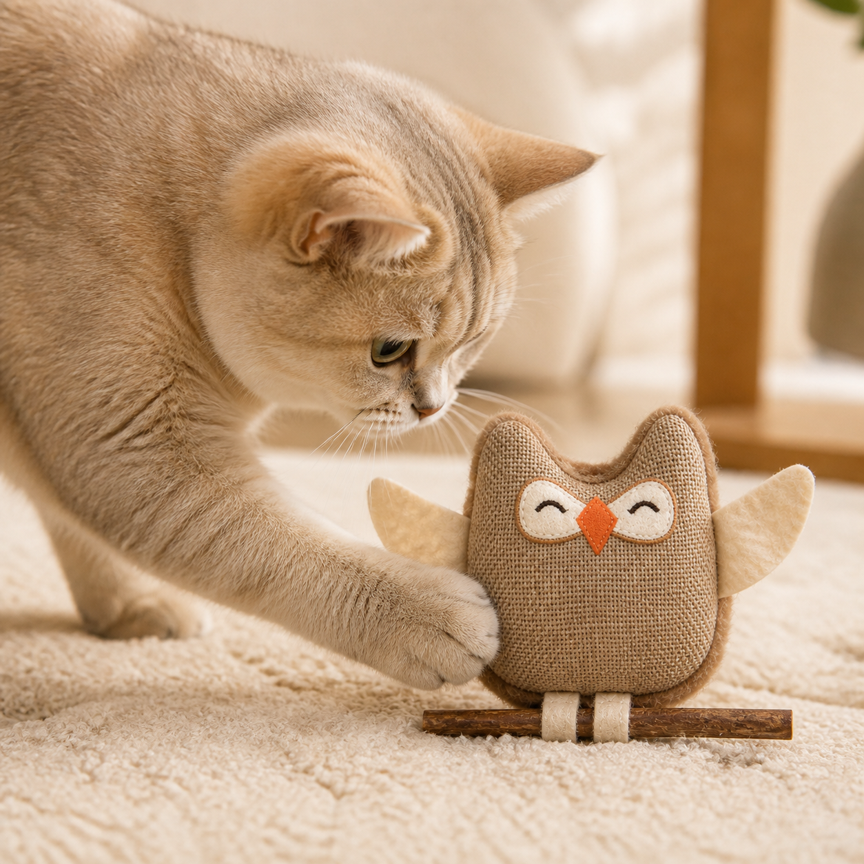 Cat nudging the brown owl toy from a low side angle