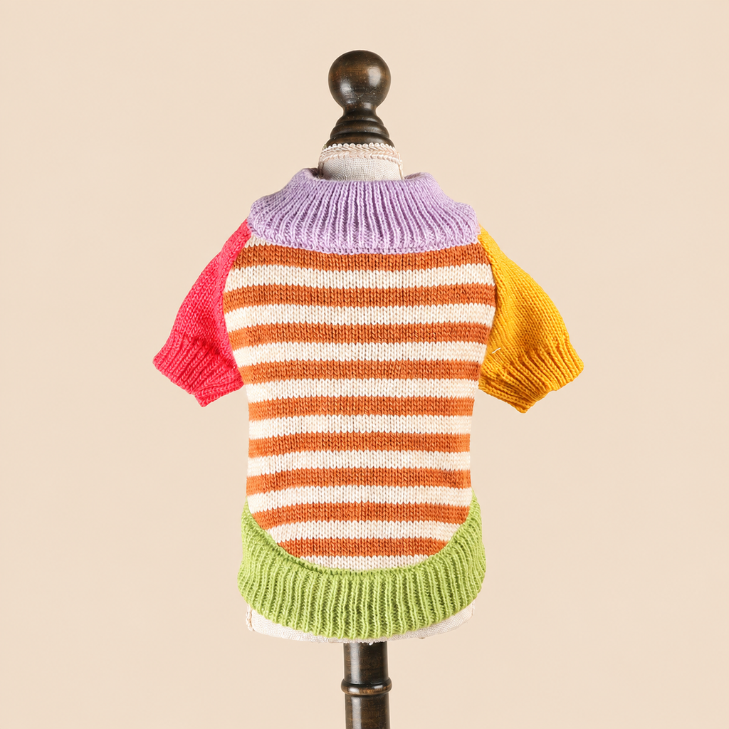 Color-block striped knit cat sweater displayed from the back on a single form.