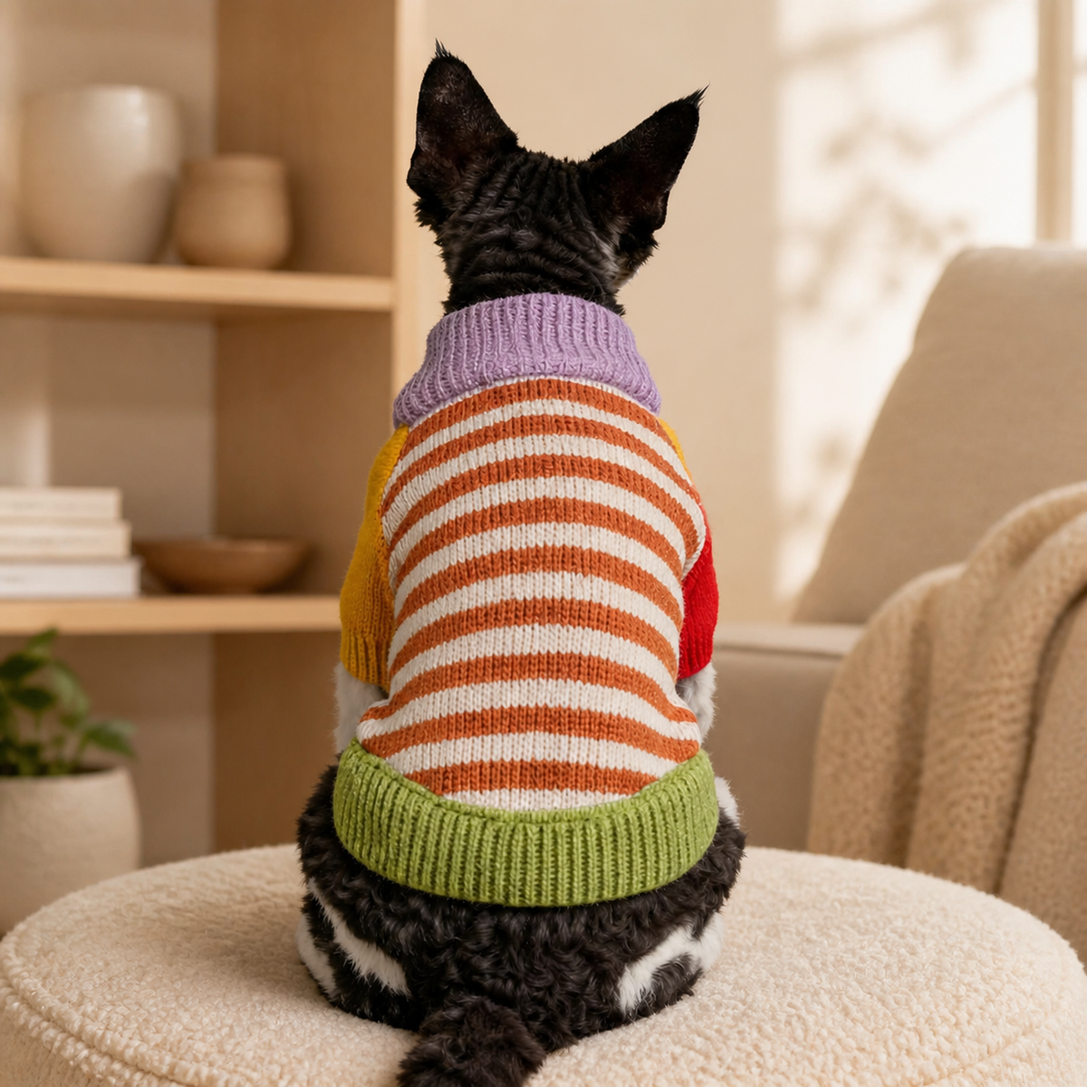 Black-and-white cat showing the striped back and green hem of a knit sweater in a warm modern reading nook.