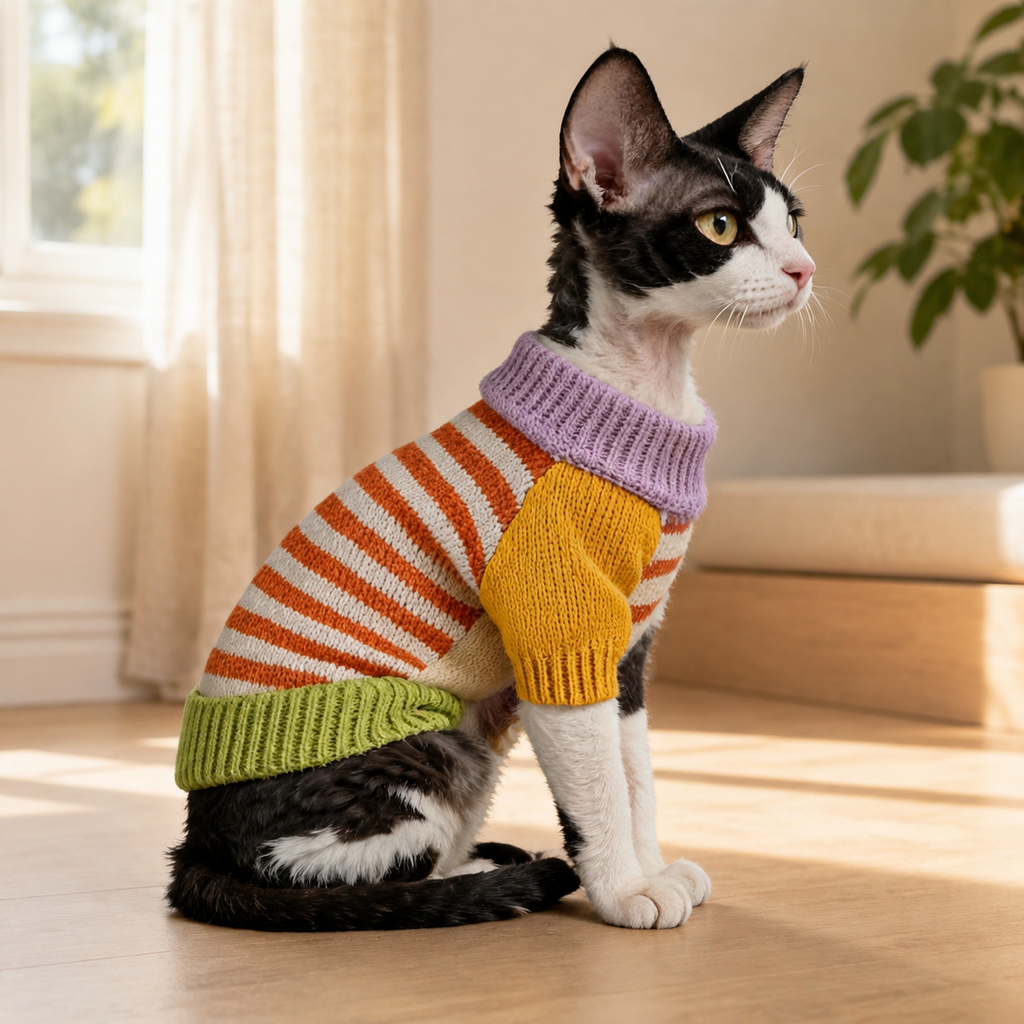 Black-and-white cat wearing a colorful striped knit sweater by a warm modern window, side view.