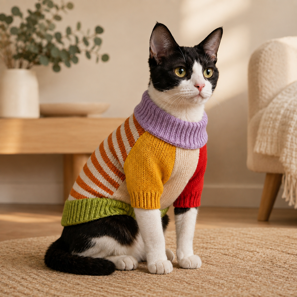 Black-and-white cat wearing a colorful striped knit sweater in a warm modern home, three-quarter view.