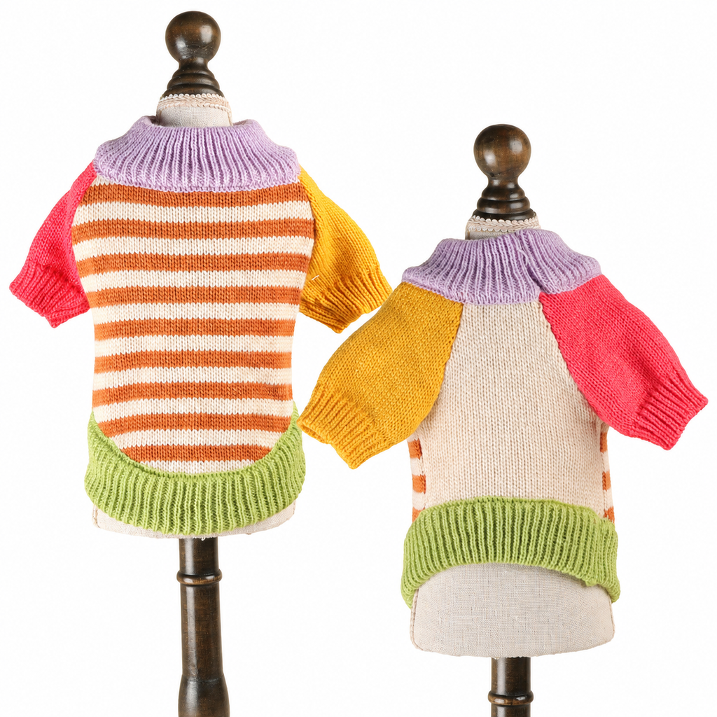 Color-block striped knit cat sweater shown from the front and back on two forms.