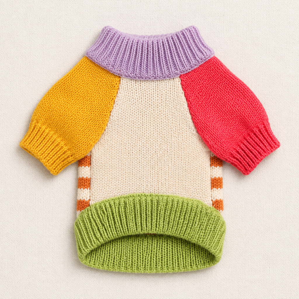 Front view of a color-block knit cat sweater laid flat on a warm-white surface.
