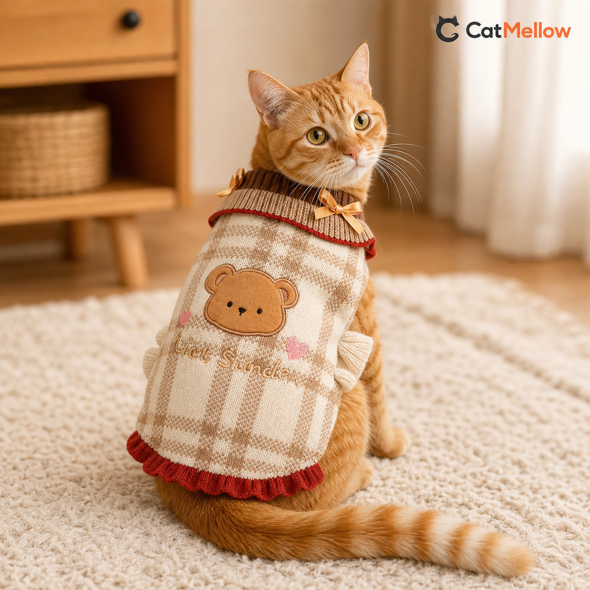 Orange tabby cat showing the back of a cream brown bear knitted sweater.