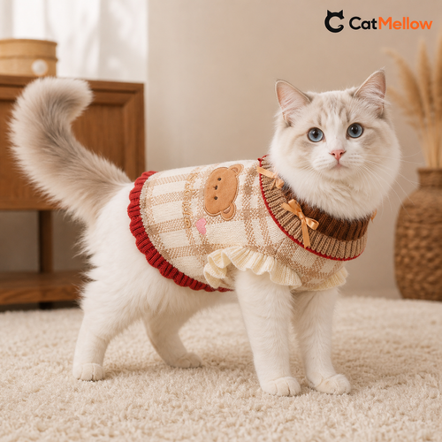 Cream and white cat wearing a cream brown bear knitted sweater with red trim.