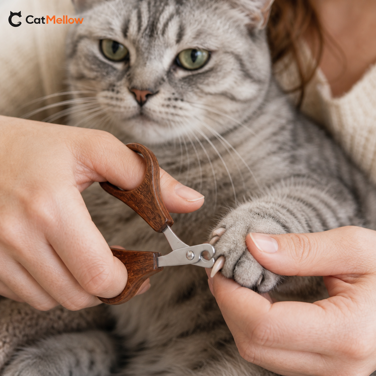 Close-up showing the CatMellow wooden nail clipper positioned at the clear tip of a cat claw