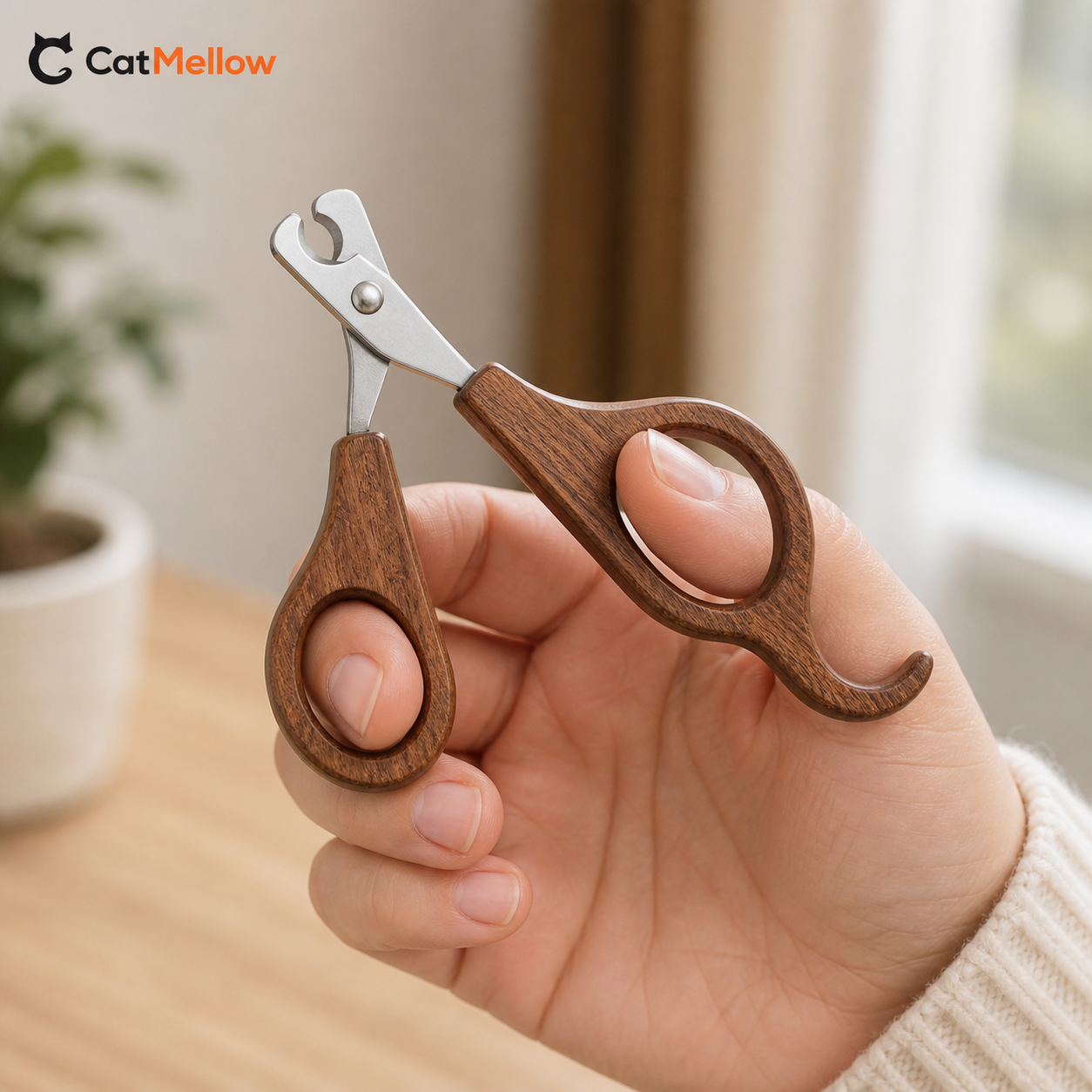 Close-up of the CatMellow wooden nail clipper handle and finger grip