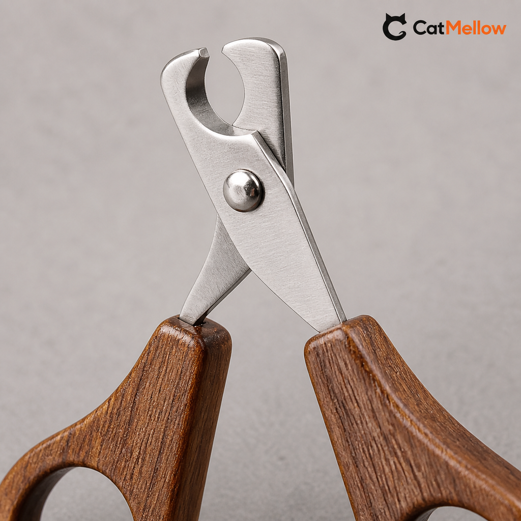 Close-up of the metal semicircular cutting head on the CatMellow wooden cat nail clipper
