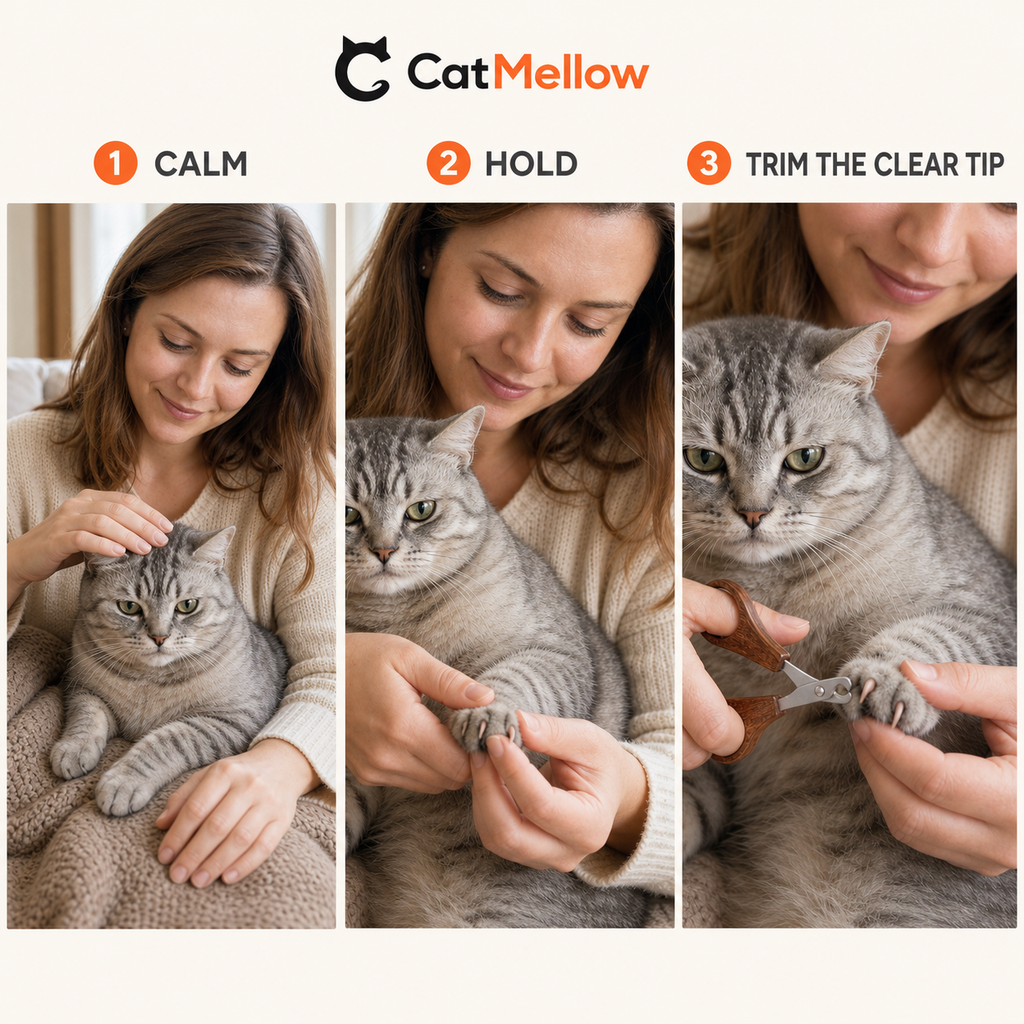 Three-step visual guide for calm cat nail trimming with the CatMellow wooden nail clipper