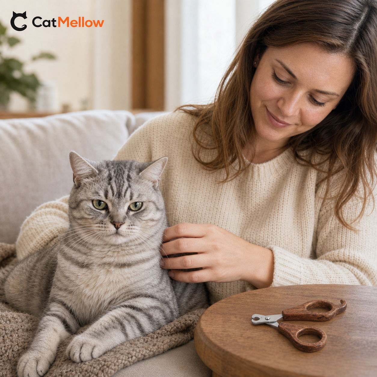 Silver tabby cat relaxing with its owner after a calm nail grooming session