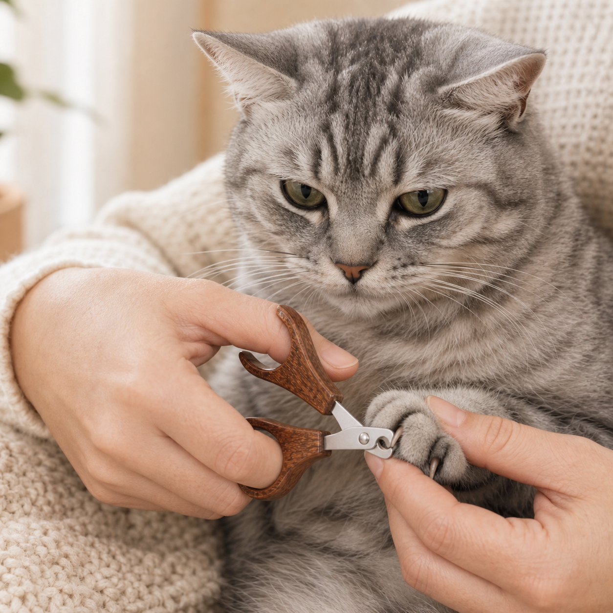 Hands-only close-up trimming a silver tabby cat claw with the CatMellow wooden nail clipper