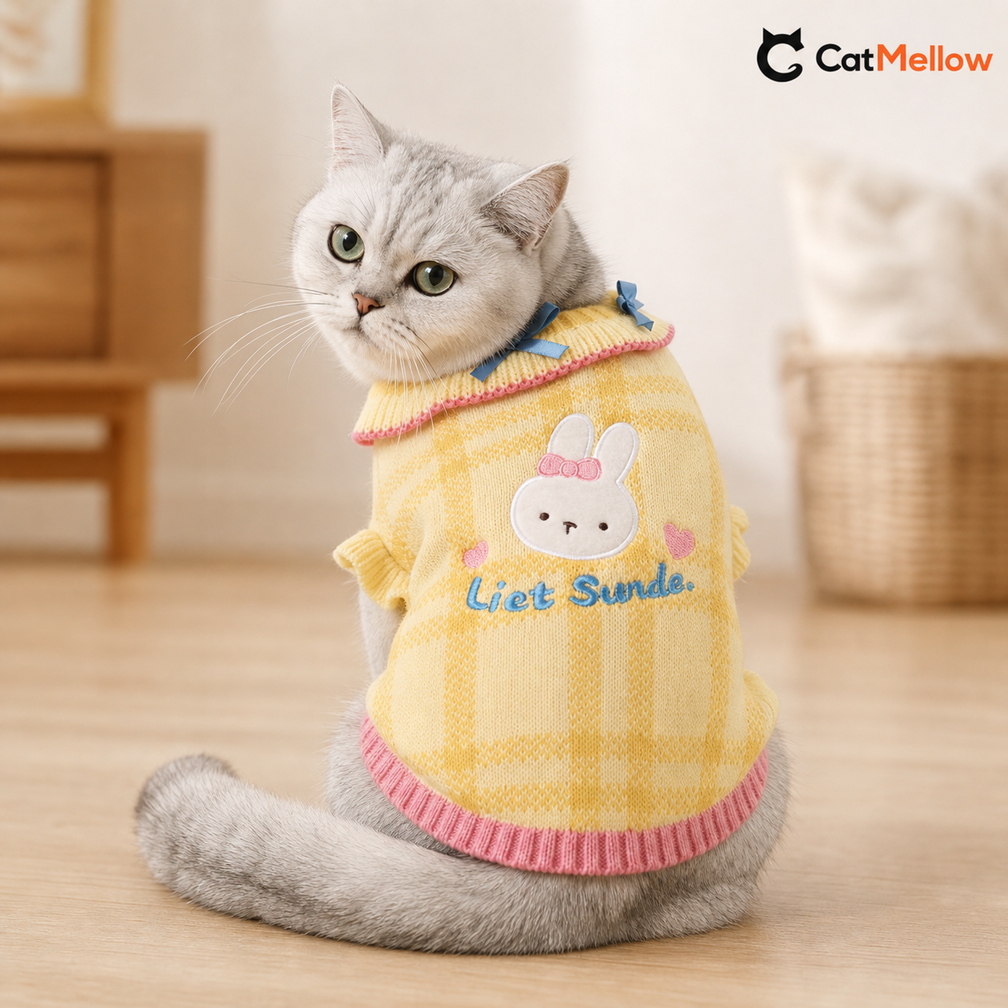 Silver cat showing the back of a yellow rabbit knitted sweater with pink trim.