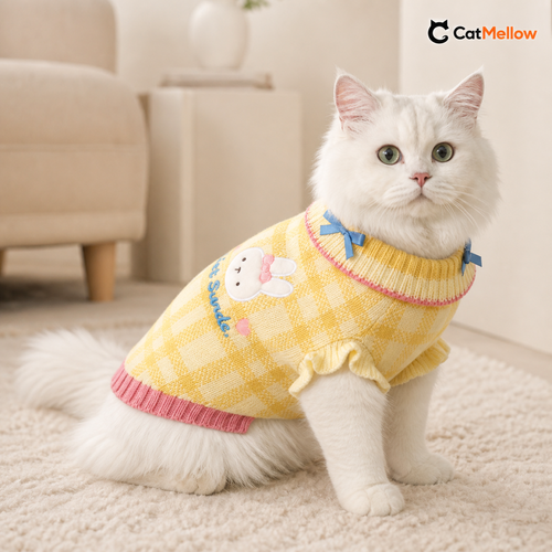 White longhair cat wearing a yellow rabbit knitted sweater in a warm neutral room.
