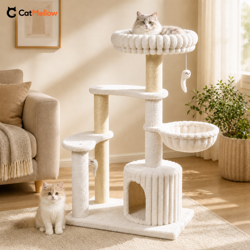 CatMellow Cloud Haven cat tree in a warm modern living room with two cats