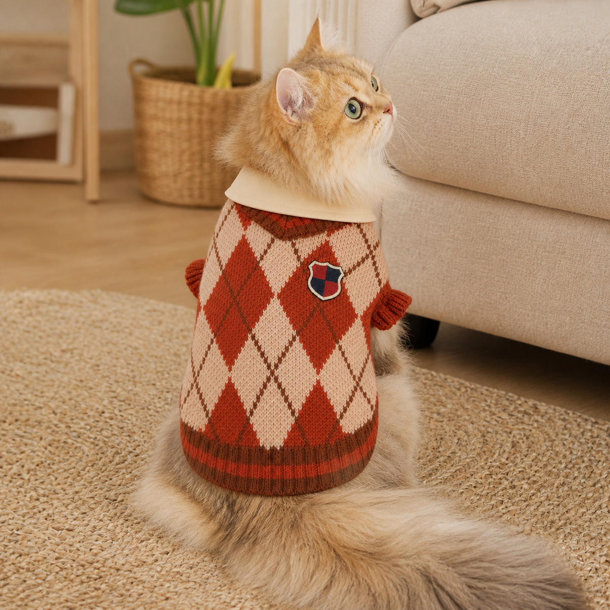 Golden long-haired cat showing the back of a collegiate argyle knit sweater.