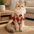 Golden long-haired cat wearing a collegiate argyle knit sweater, front view.