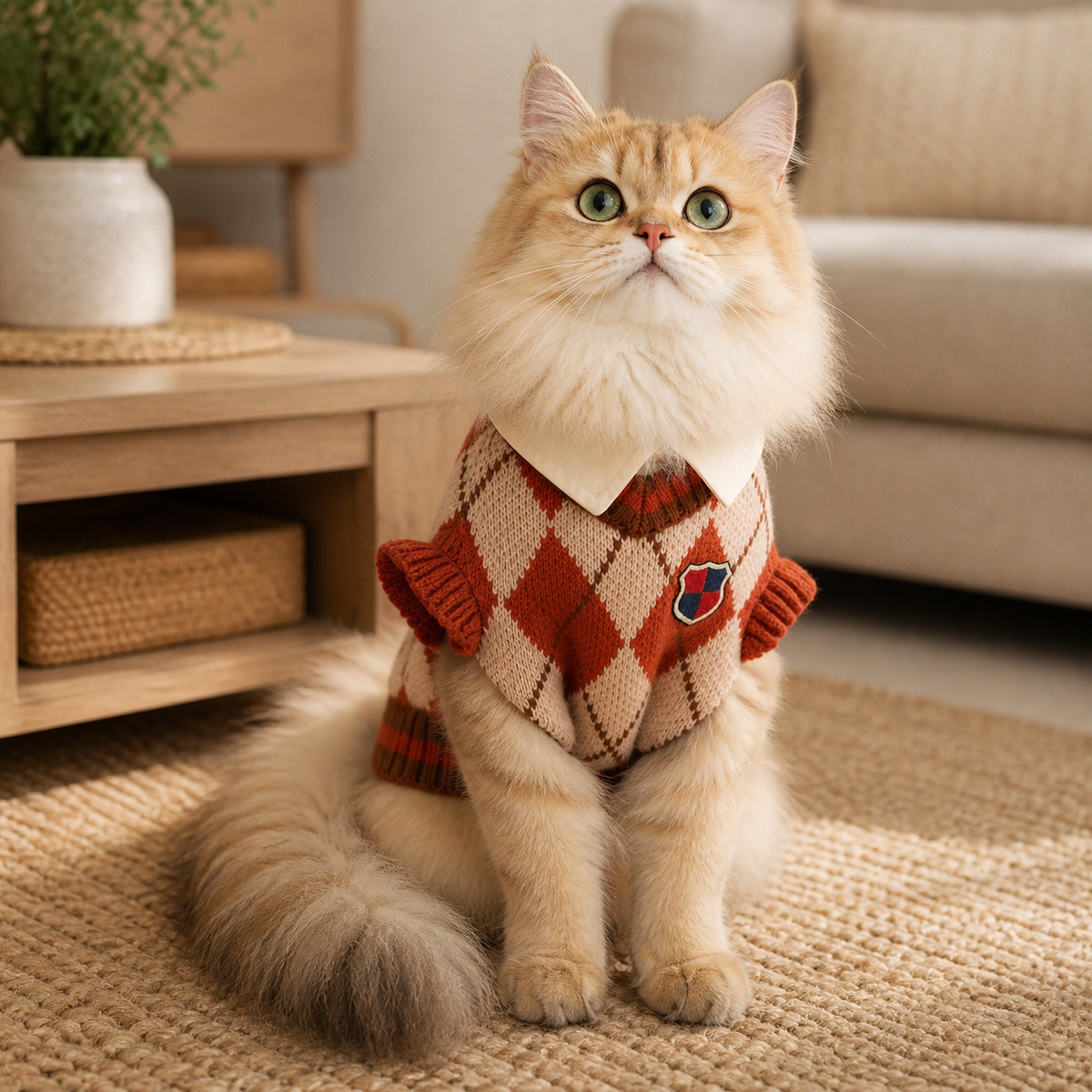Golden long-haired cat wearing a collegiate argyle knit sweater, front view.