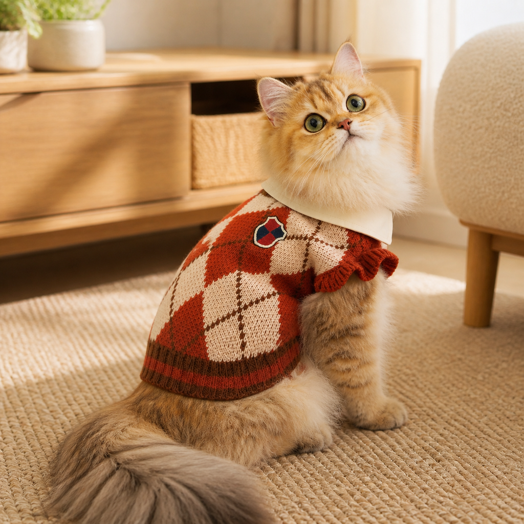 Golden long-haired cat wearing an argyle knit sweater in a warm reading corner.