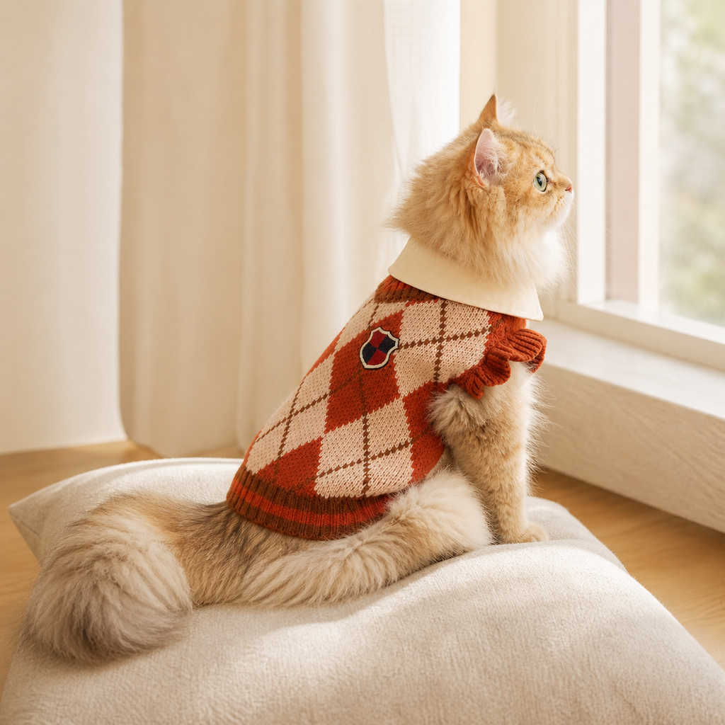 Golden long-haired cat wearing a collegiate argyle knit sweater by a window, side view.