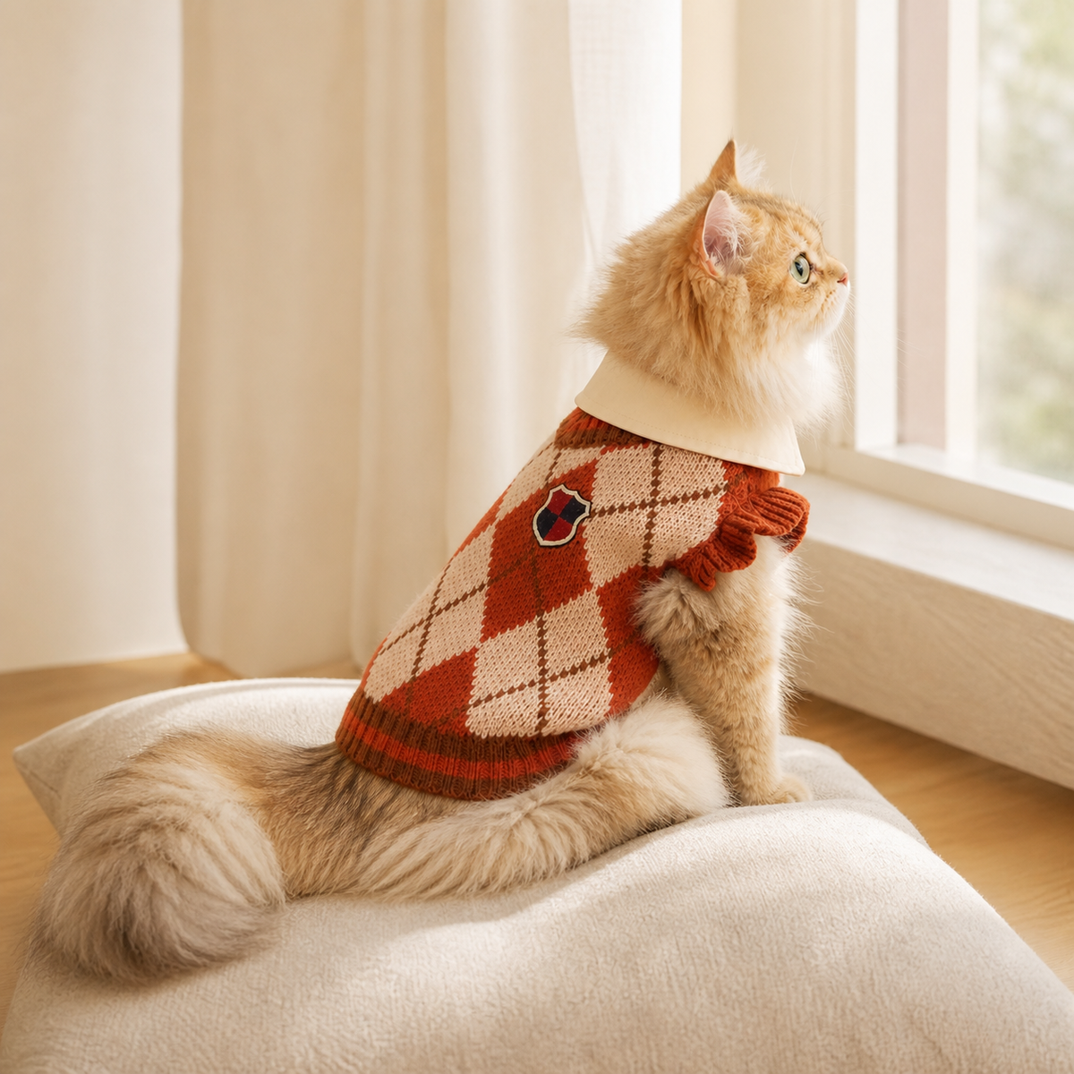 Golden long-haired cat wearing a collegiate argyle knit sweater by a window, side view.