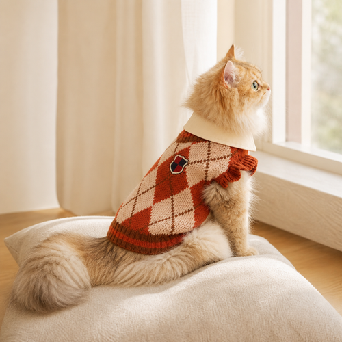 Golden long-haired cat wearing a collegiate argyle knit sweater by a window, side view.
