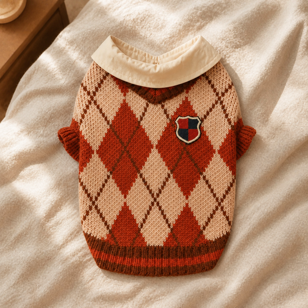 Collegiate collar argyle knit cat sweater laid flat on cream linen bedding.
