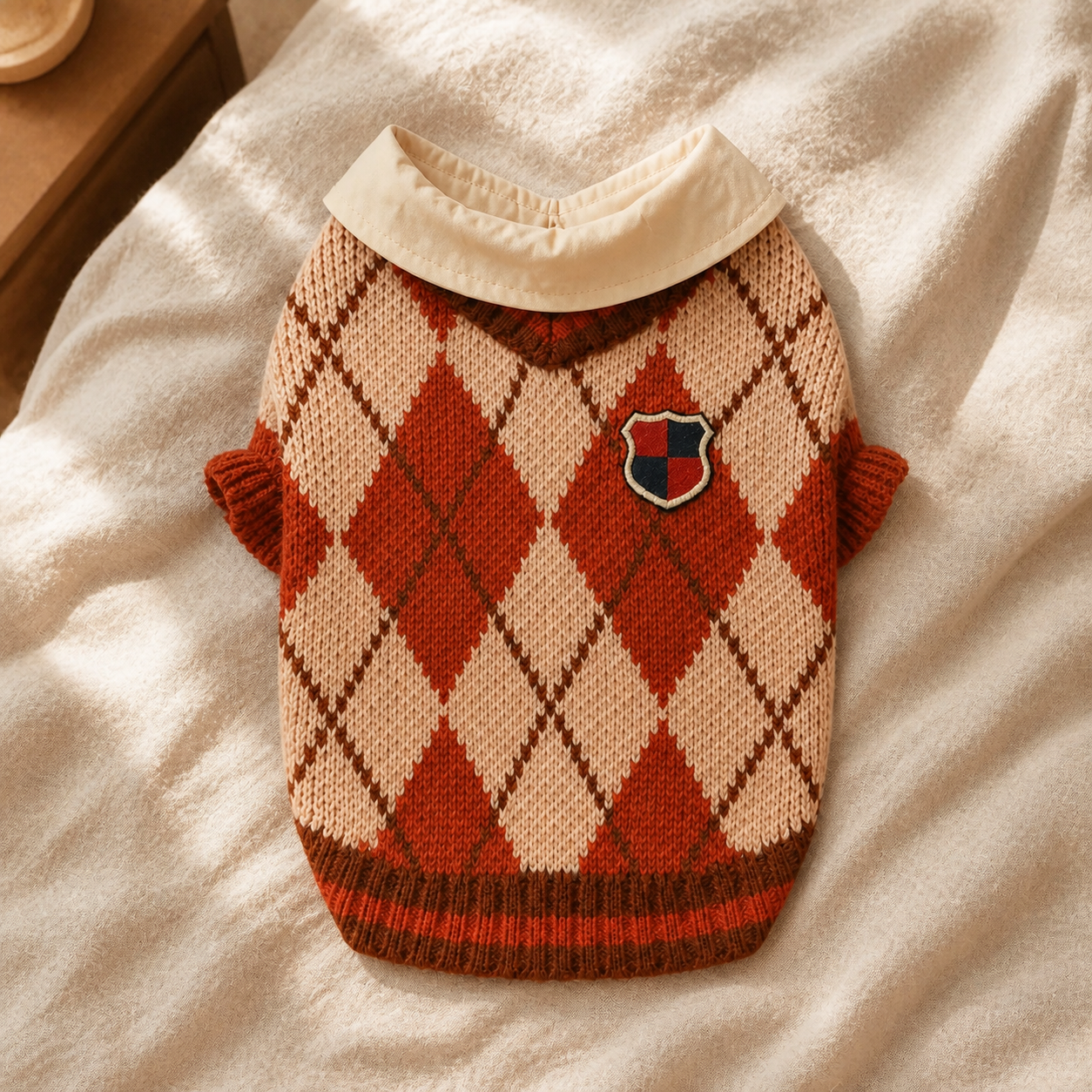Collegiate collar argyle knit cat sweater laid flat on cream linen bedding.