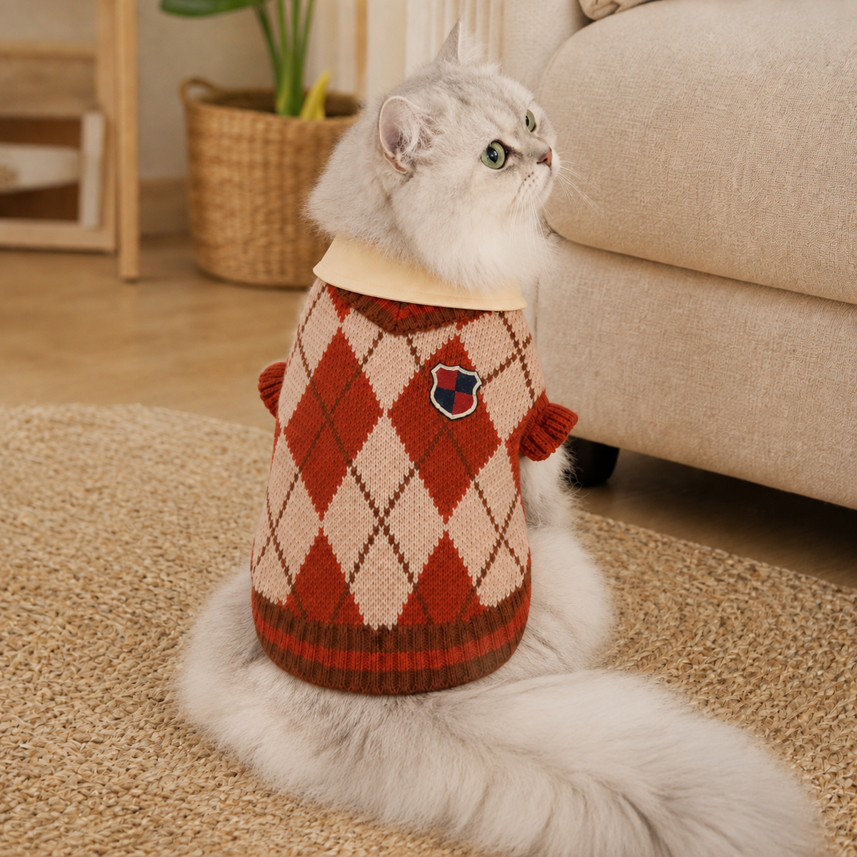 Silver-shaded British Longhair cat showing the back of the collegiate argyle knit sweater.