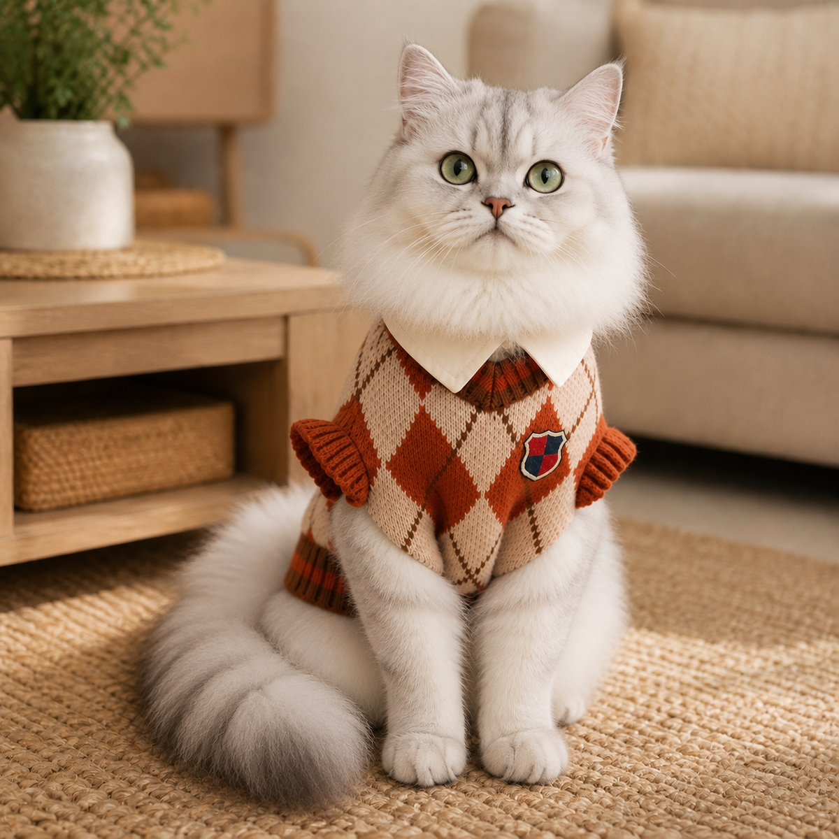 Silver-shaded British Longhair cat wearing the collegiate argyle knit sweater, front view.