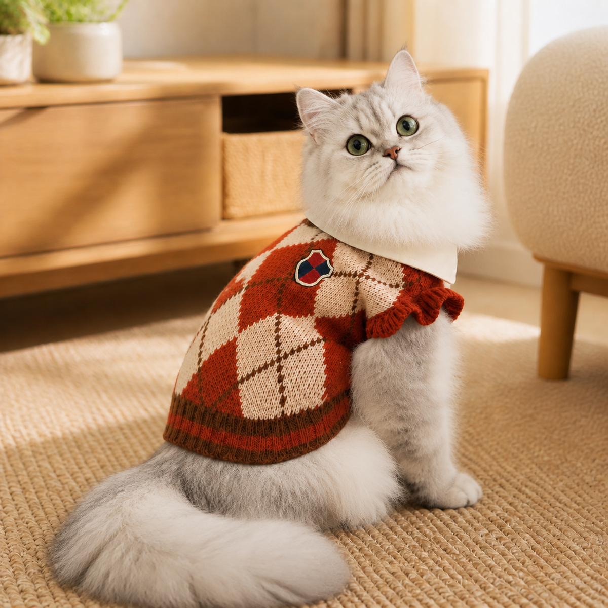 Silver-shaded British Longhair cat wearing the argyle knit sweater in a warm reading corner.