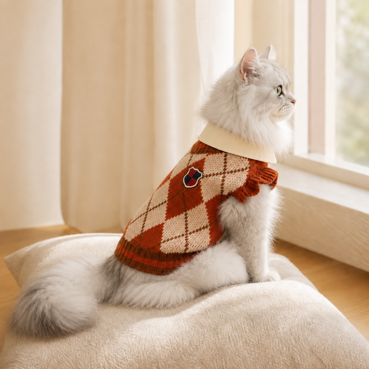 Silver-shaded British Longhair cat wearing the collegiate argyle knit sweater by a window, side view.
