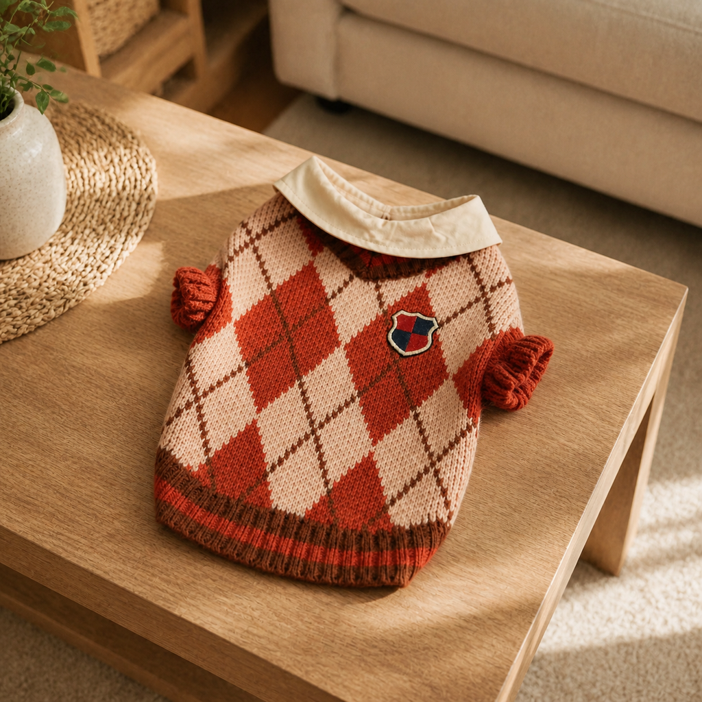 Brick-brown and oatmeal argyle knit cat sweater displayed on a wooden table.