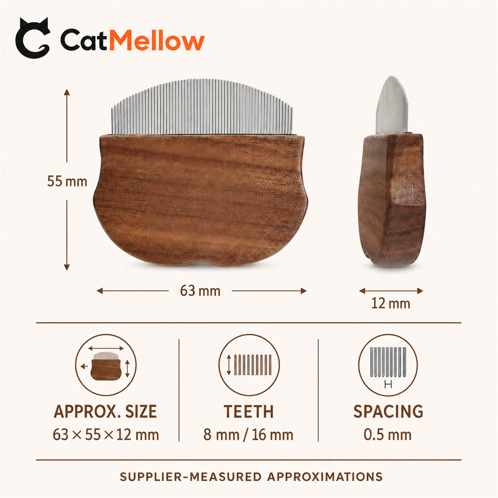 Dimension diagram for the CatMellow compact comb, approximately 63 by 55 by 12 millimeters
