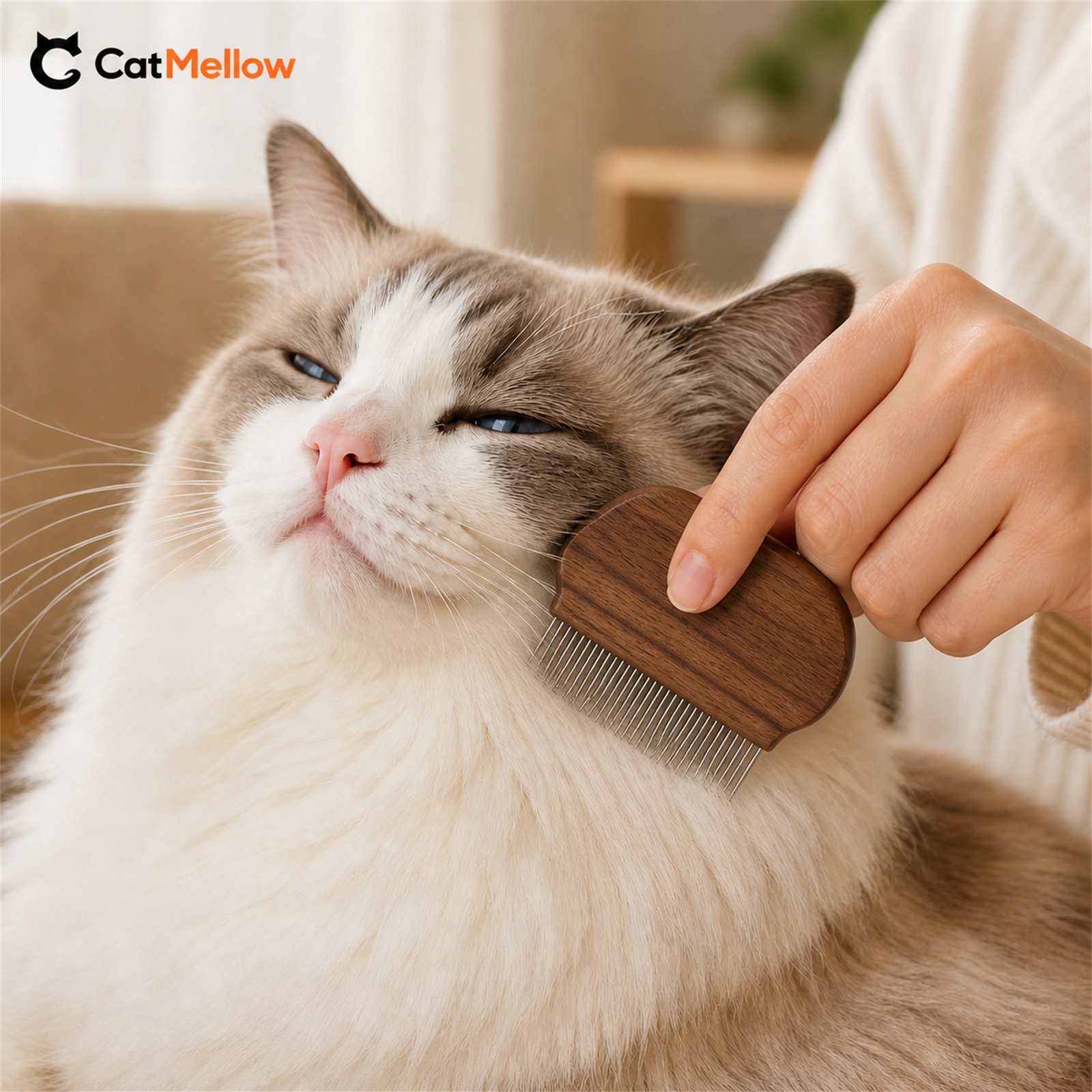 Cat being groomed with the CatMellow compact face and detail comb
