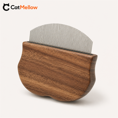 CatMellow compact walnut wood handle comb with metal fine teeth on a clean background